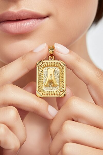 UKBA GOLD 14 Ayar Altın Vintage Dikdötrgen Harf Kolye Ucu ( A Harfi )