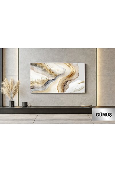 EvoraArt Koleksiyonu: LACİVERT DERİNLİK VE ALTIN KRİSTALLER Çerçeveli Temperl...