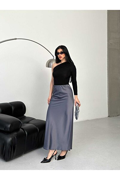 MYGİYİMİSTANBUL Fusta lungă din țesătură satinată cu talie elastică, străluci...