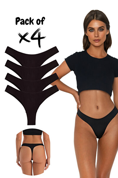 Yohannes Club , Cotton Basic String Thong Panties, 4-Pack, 4-Pack Black Strin...