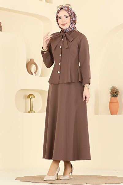 ModaMerve Yakası Bağlamalı Dabıl Takım 2799SL432-MS Kahve
