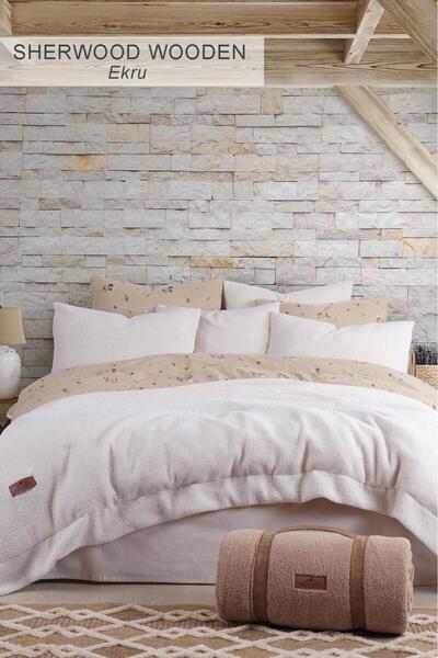 İyi Geceler İstanbul Sherwood Wooden Double Bedspread Set with Sheets Ecru
