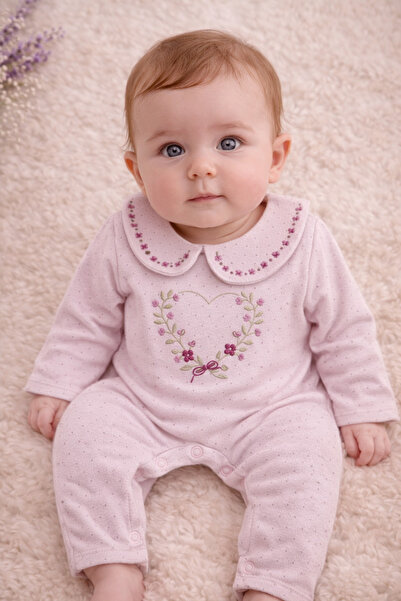 Uğur bebe “Powder Pink Baby Girl Lace-Like Knit Cotton Romper – Embroidered C...