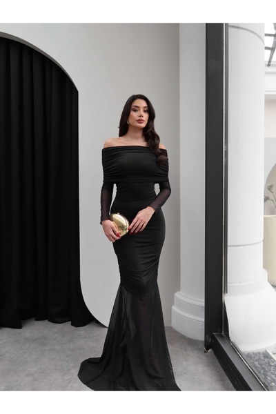 ESRAHELVACI Μακρύ φόρεμα με λεπτομέρεια από τούλι με γιακά Madonna