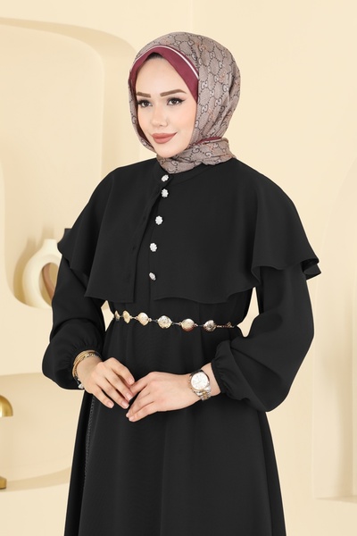 ModaMerve Pelerin Detaylı Dabıl Elbise 875ART1138-MS Siyah