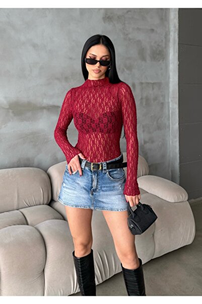 BEJNA Women Mock Neck Stretch Fabric Lace Blouse