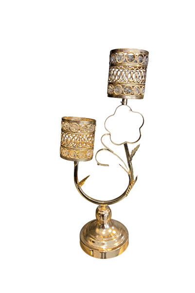 madam concept Gold Çiçek Formlu 2’li Cam Mumluk – Taş Detaylı Lüks Dekoratif ...
