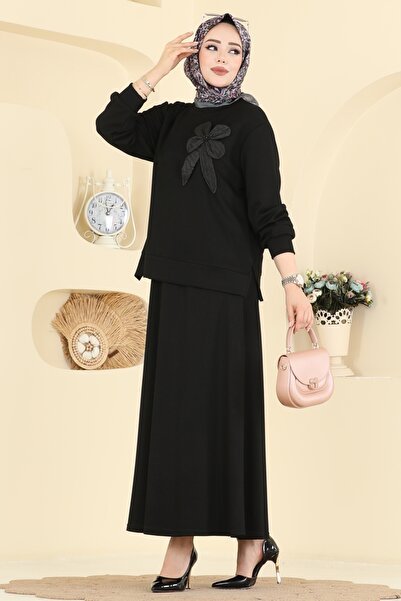 ModaMerve Çiçek Aksesuarlı Etekli Takım 2601TPK1167-MS Siyah