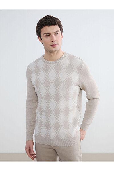 LC Waikiki Beige crew neck diamond pattern men's knit sweater