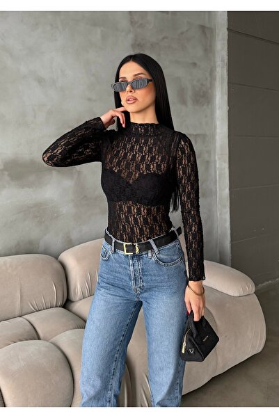 BEJNA Γυναικεία μπλούζα με δαντέλα ψηλός λαιμός ελαστικό ύφασμα