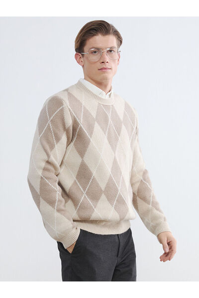 LC Waikiki Beige crew neck diamond pattern men's knit sweater