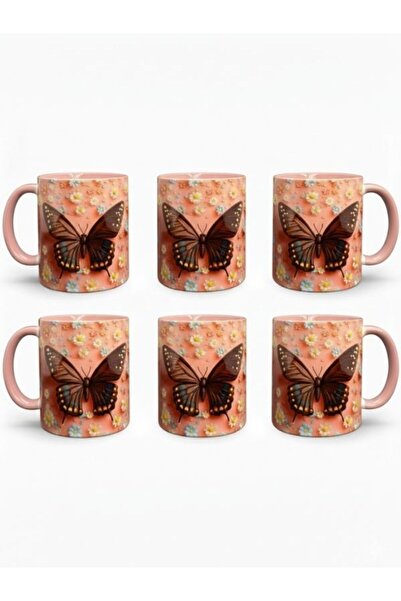 Viyalente 6-Piece 300 ml Pink Butterfly Concept Porcelain Mug, Dishwasher Safe