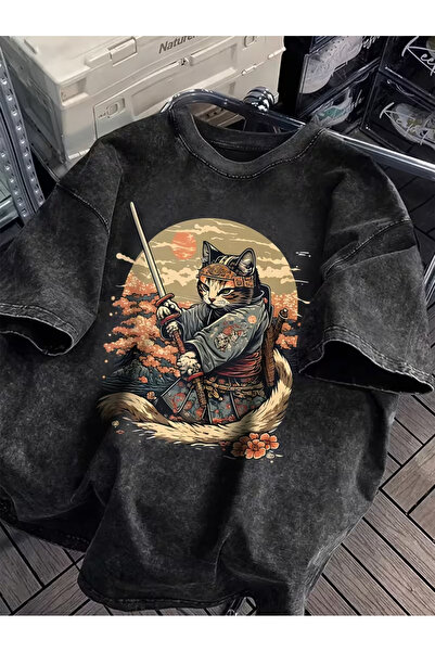 Mella&Co Füme Yıkamalı Oversize T-shirt Japon Samuray Kedi Baskılı Vintage St...