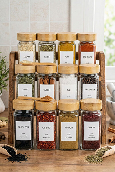 Poomy 12-Piece Square Glass Spice Jar Set with Bamboo Lids - Waterproof Spice...