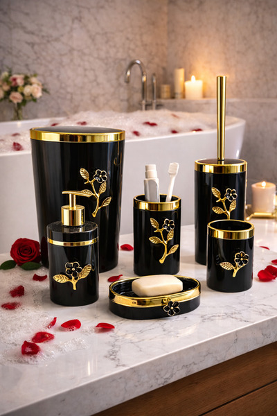 ARVALE Çiçek Desenli Pleksi Gold Detaylı Siyah 5’li Banyo Seti