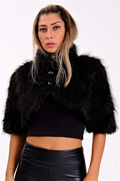 Genel Markalar Siyah Yarım Kollu Düğmeli Kürk Etol Bolero