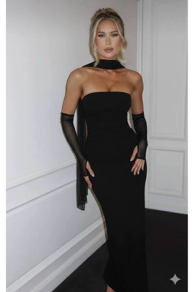 Gülmude Long Strapless Stylish Party Dress with Gloves Attached to the Fingers