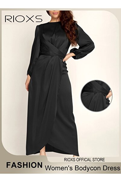 RIOXS Women's Satin Long Sleeve Maxi Dress, Classic Chic Round-neck Dress wit...