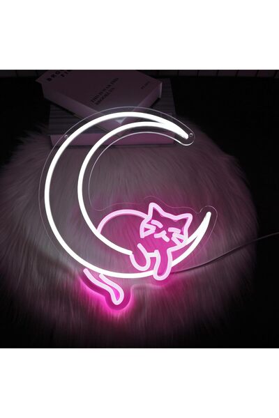 Slasa لوحة نيون LED على شكل قطة قمرية – مصباح جداري على شكل قطة 22×42 سم لغرف...