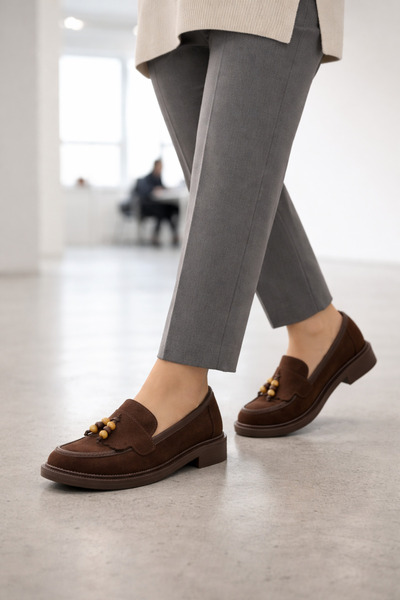 guijarro Premium Quality Beaded Brown Suede Loafer Ballet Flats