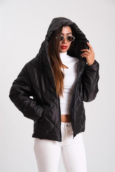 yesıl sarmasık 35 Black Hooded Baklava Pattern Puffer Jacket