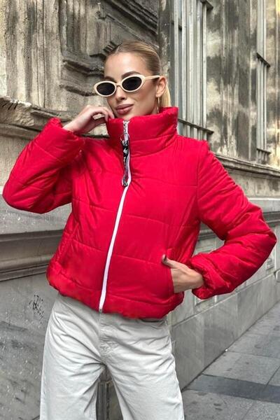 yesıl sarmasık 35 معطف قصير منتفخ باللون الأحمر مطبوع ياقة مرتفعة متوسطة الطول