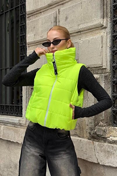 Generic Brand Neon Green Back Stone Embroidered Stand Collar Short Puffer Vest