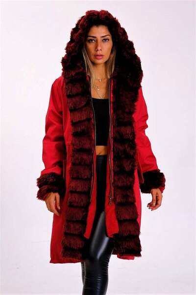 MODANI SEÇ Burgundy Waterproof Hooded Fur Lined Long Coat