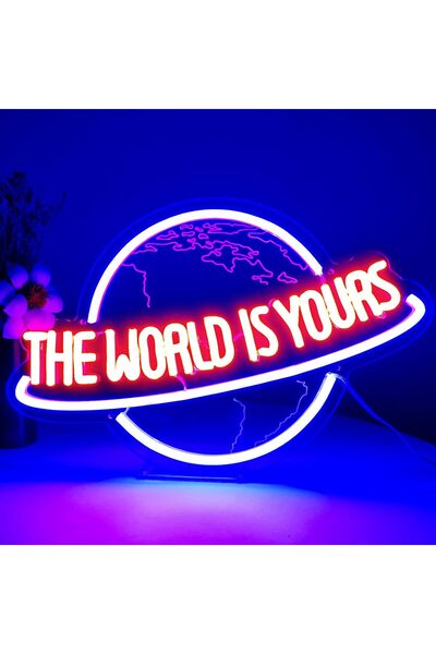 Slasa لوحة نيون LED "العالم ملكك" - ديكور جداري على شكل كوكب، مقاس 22 × 36 سم