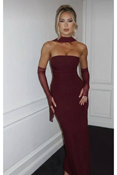 Gülmude Long Strapless Stylish Party Dress with Gloves Attached to the Fingers