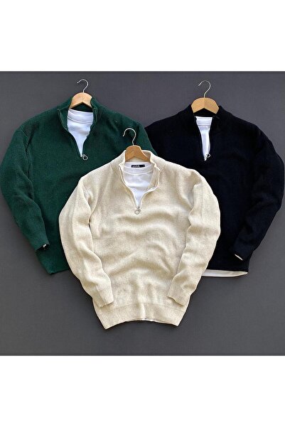 THEGENTMAN Thessaloniki Knitted Mock Neck Half Zipper Knitwear Sweater 3-Piec...