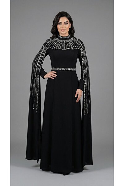 MİSS DİAMOND Black long dress evening gown with crystal stone detailing on th...