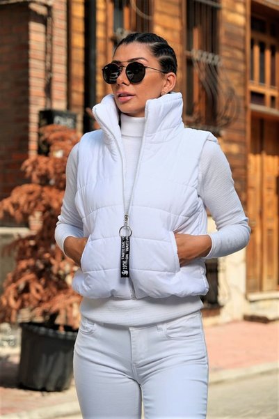 Şeker Portakalım White Stand Collar Short Puffer Vest with Elastic Waist Pockets