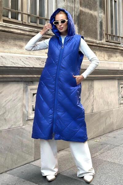 yesıl sarmasık 35 Saks Blue Hooded Pocket Baklava Pattern Long Inflatable Vest