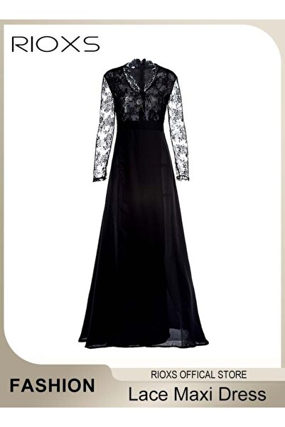 RIOXS Women's Elegant Maxi Dresses, Lace Long Sleeve Dress, Ladies Chiffon Ev...