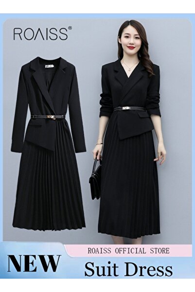 ROAISS فستان بليزر نسائي كلاسيكي، فستان أنيق للعمل مع حزام، فستان طويل بياقة ...