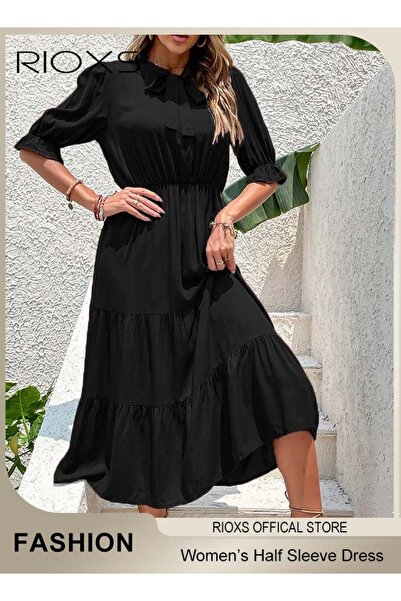 RIOXS Women's Half Sleeve Bow Tie Long Dress, Summer A-line Elastic High Wais...