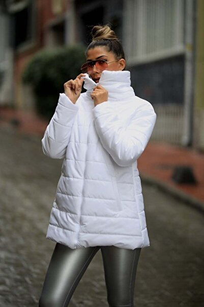 MODANI SEÇ White Stand Collar Long Puffer Jacket
