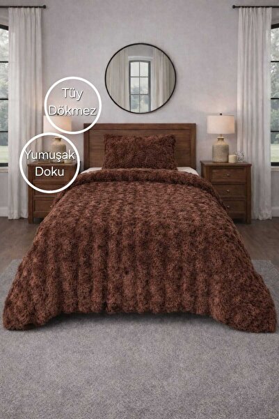 PEREN HOME Premium Tavşan Tüyü Peluş Tek Kişilik Yatak Örtüsü Seti Kalın Doku...