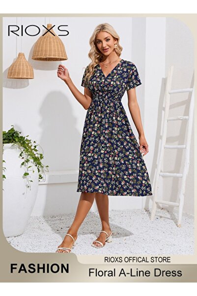 RIOXS Women's V Neck Short Sleeve Chiffon Summer Beach Dress Floral Printed A...