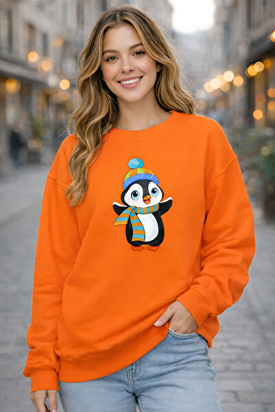 ArtYus Penguin Character Printed Relaxed Fit Fleece-Lined 3 Thread Crew Neck ...