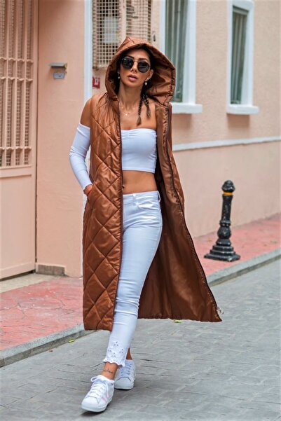 yesıl sarmasık 35 Brown Hooded Pocket Diamond Pattern Long Puffer Vest