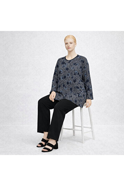 ROSAVI Büyük Beden Lacivert Desenli Uzun Kollu Kadın Bluz