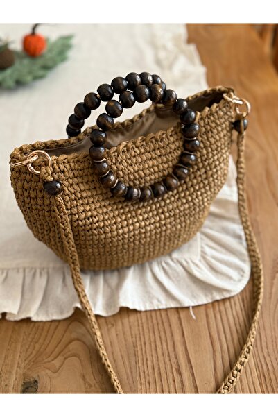 Demet Aura El Yapımı Hasır Örgü Ahşap Boncuk Saplı Kadın Çanta