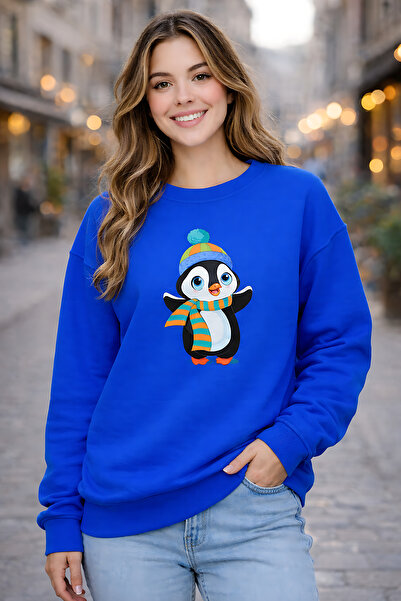 ArtYus Penguin Character Printed Relaxed Fit Fleece-Lined 3 Thread Crew Neck ...