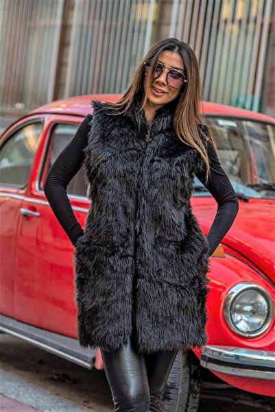 yesıl sarmasık 35 Siyah Arkası Deri Detaylı Cepli Uzun Suni Kürk Yelek