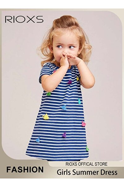 RIOXS Toddler Girls' A Line Short Sleeve Striped Dress, Comfortable Cotton Dr...