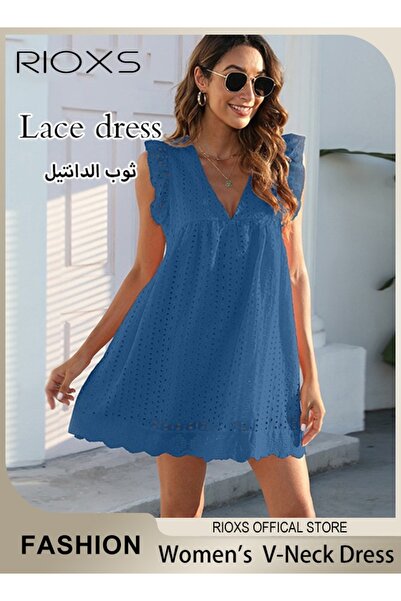 RIOXS Women Mini Dress, V-Neck Sleeveless Dress with Back Zipper, Lace Up Smo...