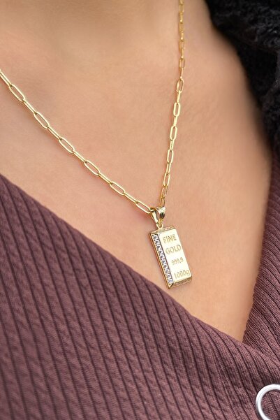 Altınaşkı Ataş Zincirli Taşlı Külçe Altın Kolye