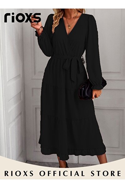 RIOXS Women's V Neck Long Lantern Sleeve Tiered Maxi Dresses, Elegant High Wa...